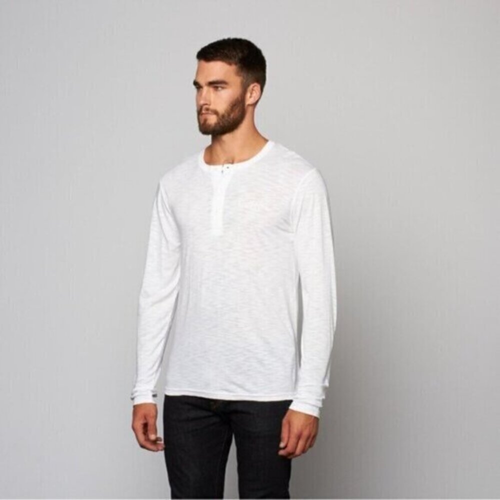 Mens T-shirt Shirt Logo Artisan Melange Henley Long Sleeve White Size M